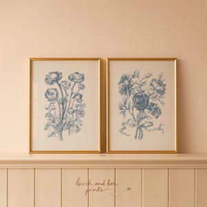 Juego de 2 impresiones florales vintage / Decoración de pared azul / Arte de ramo de rosas / Descarga digital n.° 290 imagen 1