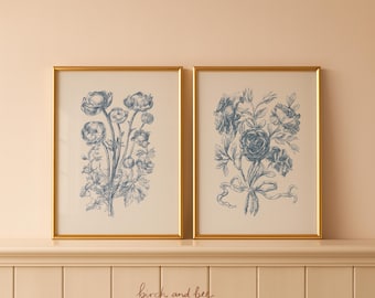 Vintage Floral Print Set of 2 | Blue Wall Decor | Rose Bouquet Art | Digital Download #290