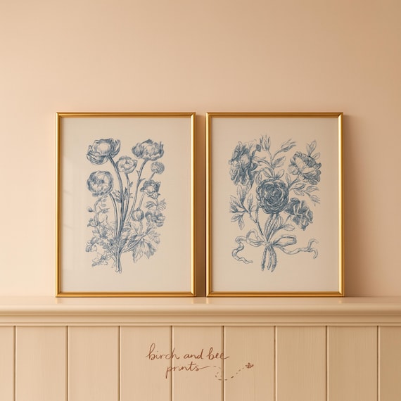 Vintage Floral Print Set of 2 | Blue Wall Decor | Rose Bouquet Art | Digital Download #290