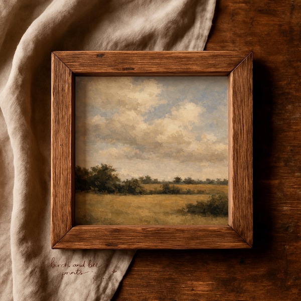 Vintage Cloud Landscape Oil Painting Print, Muted Country Field Art, Moody Skyscape Fine Art, Simple Abstract Landscape #364 MAILED PRINT