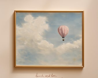 Hot Air Balloon Art Print, Vintage Pink Sky Oil Painting, Whimsical Nursery Wall Art, Cottagecore Decor, Girl Nursery Art #371 -MAILED ART