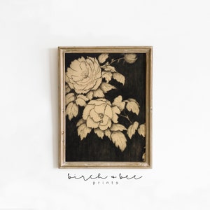 Vintage Moody Floral Art Print | Dark Botanical Etching | Japanese Peonies #108