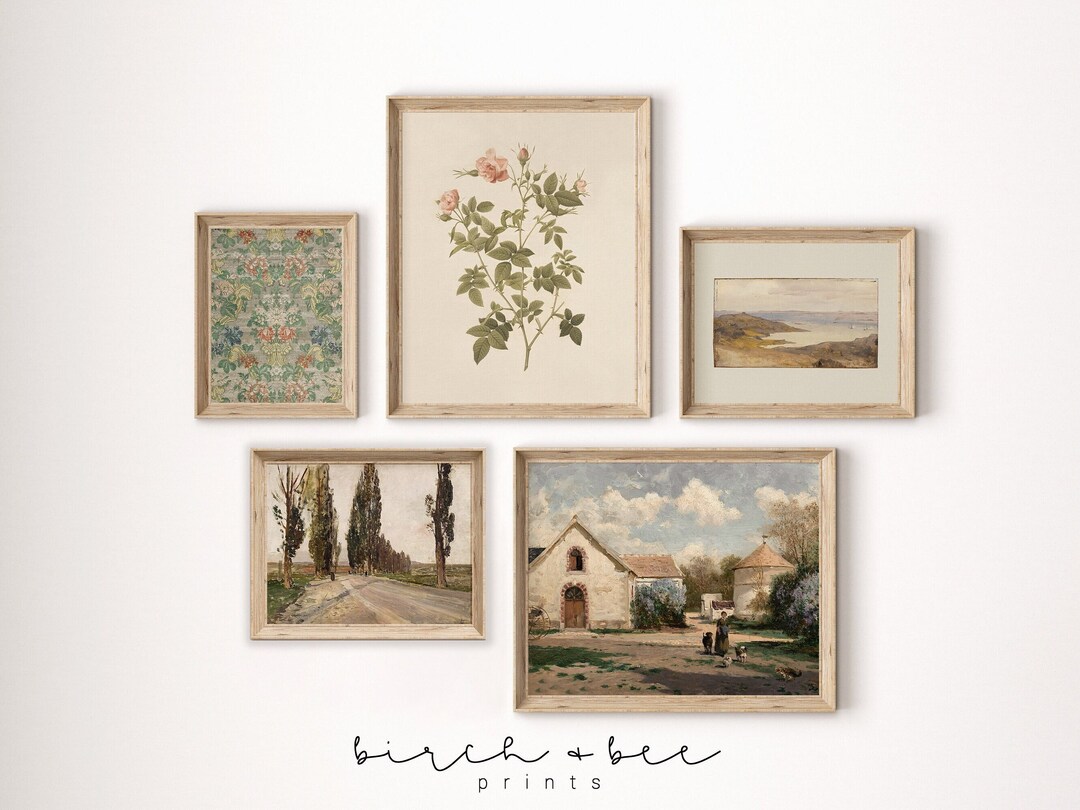 French Country Gallery Wall Art | Set of 5 | Vintage Floral and Textile ...