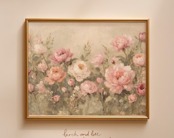 Vintage Peony Oil Painting Print, Shabby Chic Floral Wall Art, Moody Blush Rose Poster, Grandmillennial Nursery Decor #369 -MAILED PRINT