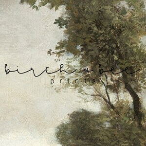 May include: A painting of a forest scene with a large tree in the foreground. The tree has green leaves and a thick trunk. The background is a light gray color. The text "birch + bee prints" is written in black at the bottom of the image.