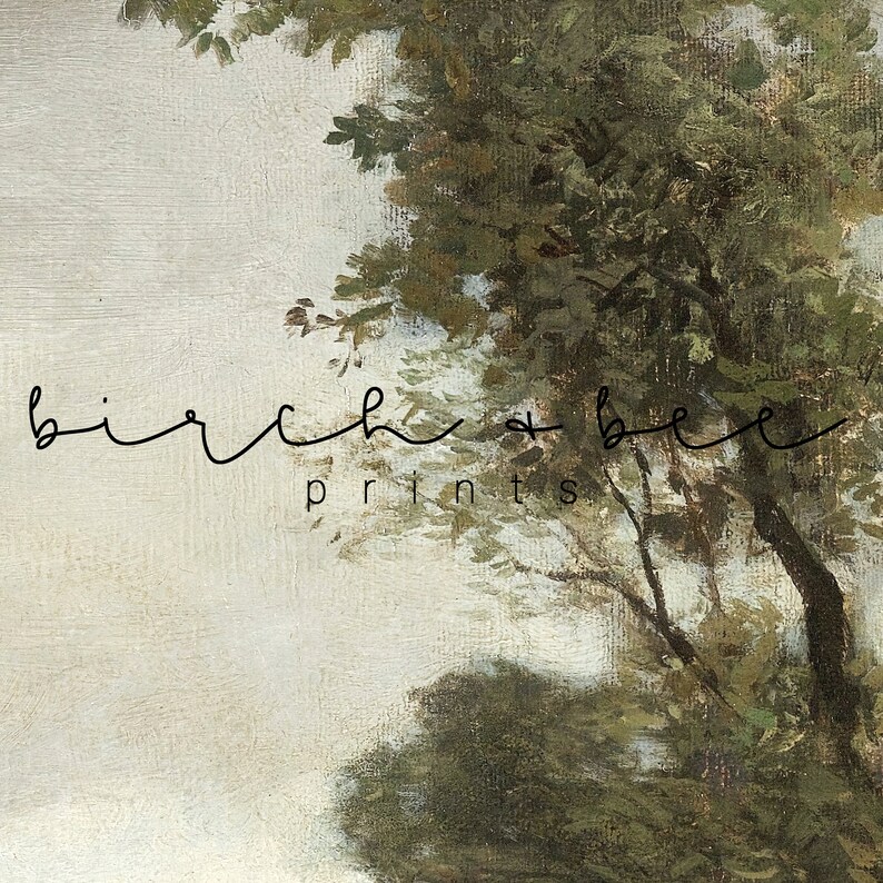 May include: A painting of a forest scene with a large tree in the foreground. The tree has green leaves and a thick trunk. The background is a light gray color. The text "birch + bee prints" is written in black at the bottom of the image.