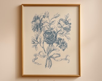 Vintage Flower Print | Blue Wall Decor | Floral Print | Rose Bouquet Art | Digital Download #288