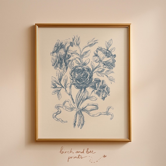 Vintage Flower Print | Blue Wall Decor | Floral Print | Rose Bouquet Art | Digital Download #288