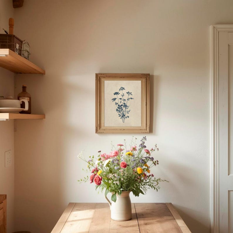 Puede incluir: Una l&aacute;mina bot&aacute;nica enmarcada con una ilustraci&oacute;n azul oscuro de una flor silvestre sobre fondo crema, expuesta sobre una jarra de cer&aacute;mica llena de un vibrante arreglo de flores frescas variadas sobre una mesa de madera.