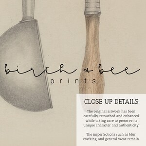 May include: Close-up of two tools, a wooden handled chisel and a metal handled scraper, with the text "birch + bee prints" in black cursive script.