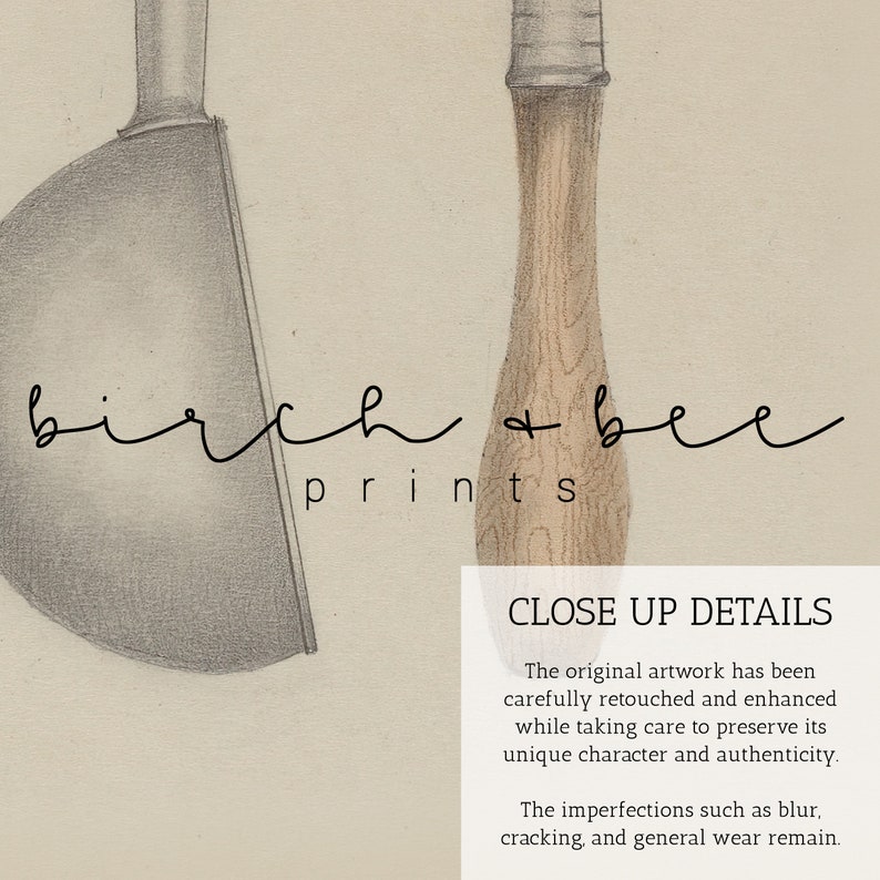 May include: Close-up of two tools, a wooden handled chisel and a metal handled scraper, with the text "birch + bee prints" in black cursive script.