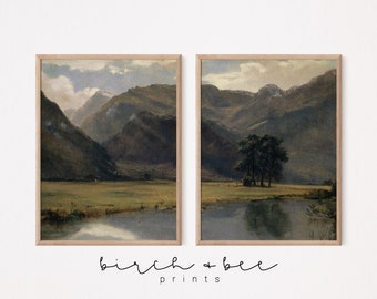 Vintage Mountain Valley Landscape Set of 2 | River Landscape Painting | Cabin Art Prints #119