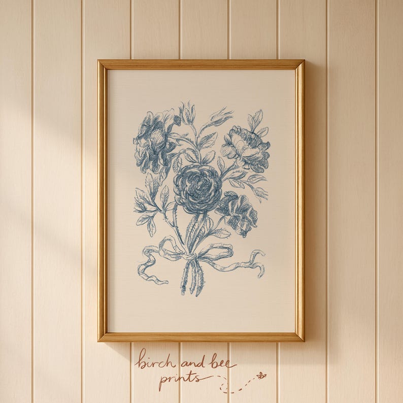 Impresión de flores vintage / Decoración de pared azul / Impresión floral / Arte de ramo de rosas / Descarga digital n.° 288 imagen 9