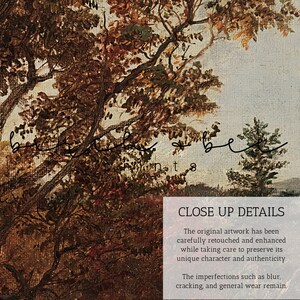 K&ouml;nnte beinhalten: Eine Nahaufnahme eines Gem&auml;ldes, das eine Waldszene mit B&auml;umen im Vordergrund und einem blauen Himmel im Hintergrund zeigt. Der Text "CLOSE UP DETAILS" ist am unteren Rand des Bildes sichtbar.
