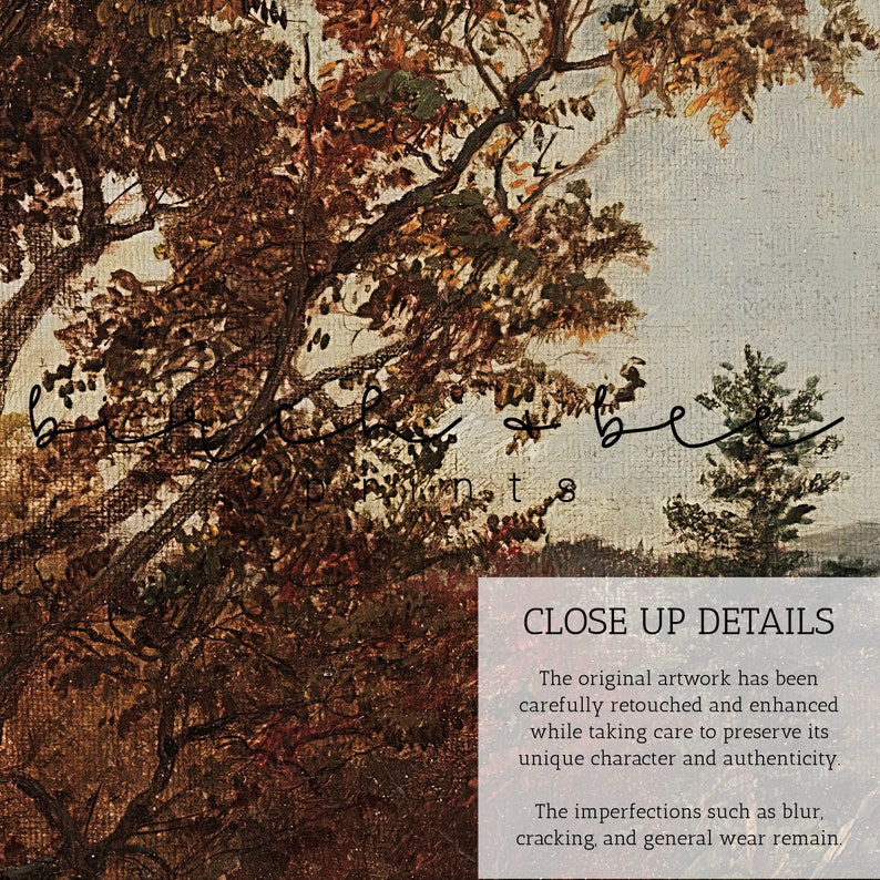 K&ouml;nnte beinhalten: Eine Nahaufnahme eines Gem&auml;ldes, das eine Waldszene mit B&auml;umen im Vordergrund und einem blauen Himmel im Hintergrund zeigt. Der Text "CLOSE UP DETAILS" ist am unteren Rand des Bildes sichtbar.