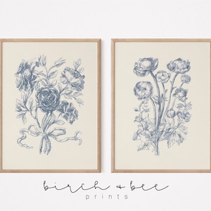 Vintage Floral Print Set of 2 | Blue Wall Decor | Rose Bouquet Art | Digital Download #290