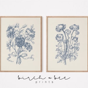 Set di stampe floreali vintage di 2 / Decorazione da parete blu / Arte bouquet di rose / Download digitale n. 290