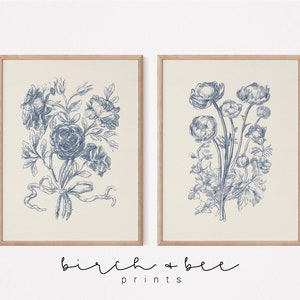 Vintage Floral Print Set of 2 | Blue Wall Decor | Rose Bouquet Art | Digital Download #290