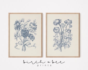 Vintage Floral Print Set of 2 | Blue Wall Decor | Rose Bouquet Art | Digital Download #290