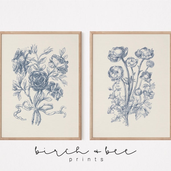 Vintage bloemenprint set van 2 | Blauwe wanddecoratie | Rose boeket kunst | Digitale download #290