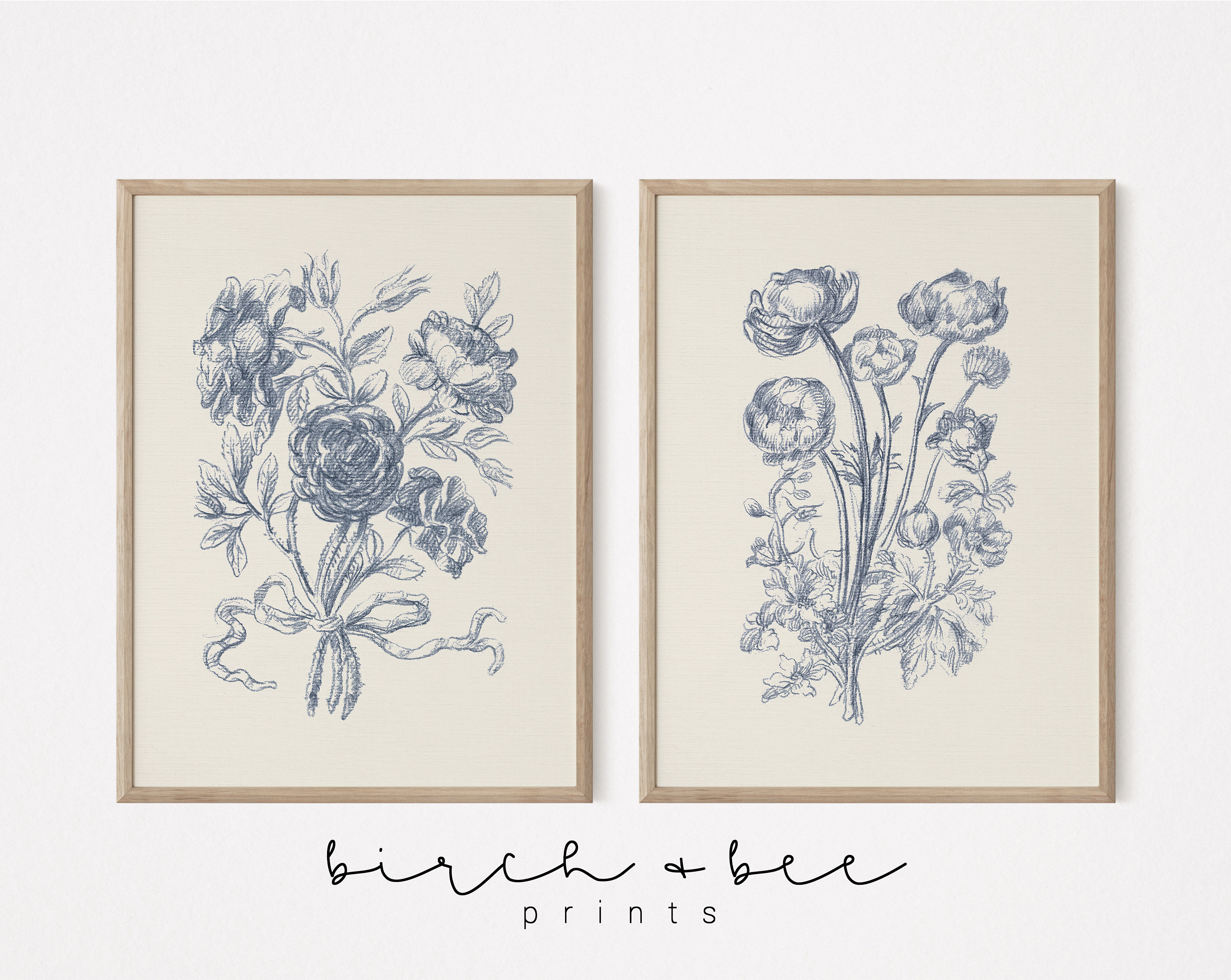 Vintage Floral Print Set of 2 | Blue Wall Decor | Rose Bouquet Art | Digital Download #290