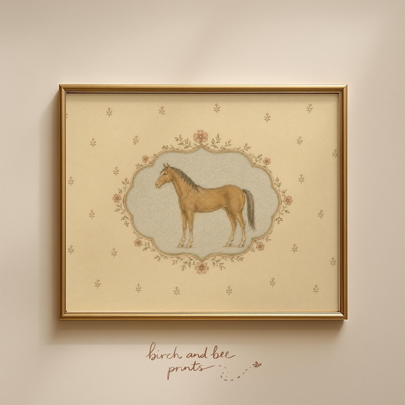 May include: A framed print featuring a tan horse illustration centered within an ornate, floral-bordered oval medallion. The background is a cream-colored paper with a repeating small flower pattern. The text "birch and bee prints" is below.