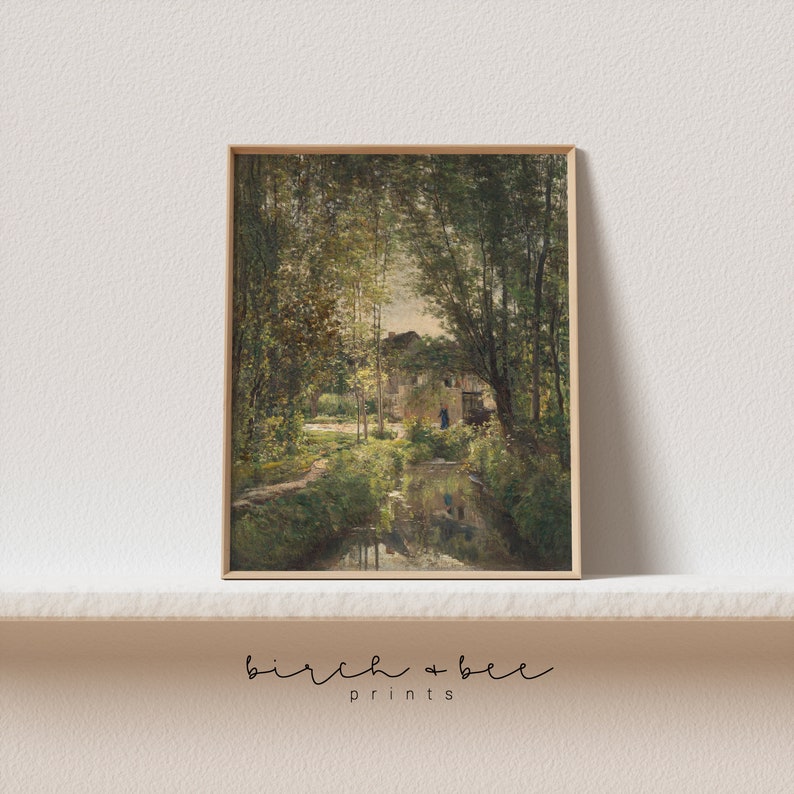 May include: A vintage painting of a house in a forest with a stream running through it. The house is painted in shades of brown and white, and the trees are painted in shades of green. The stream is painted in shades of blue and green.