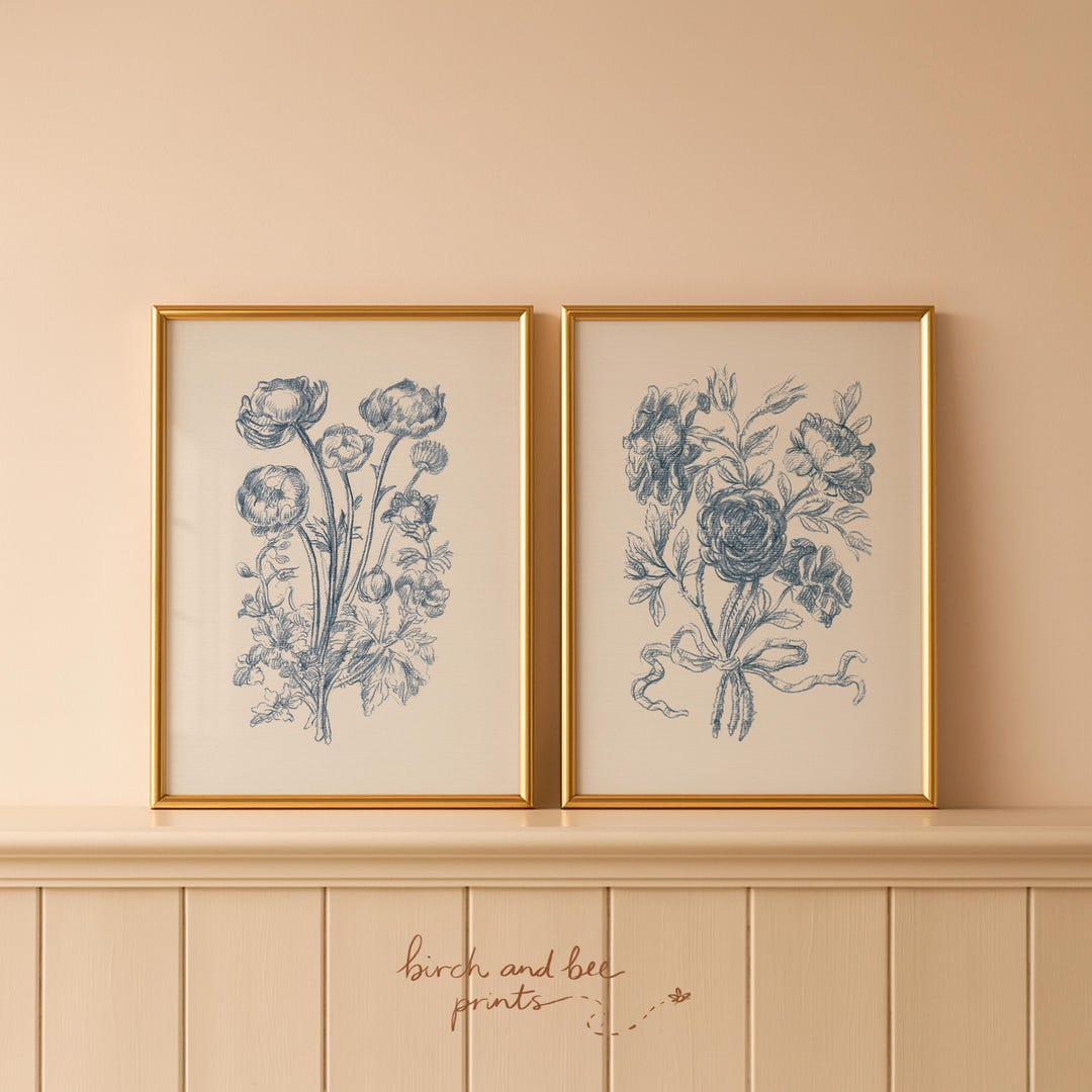 Blue Floral Print Set of 2 | Botanical Wall Art Set | Floral Sketch ...