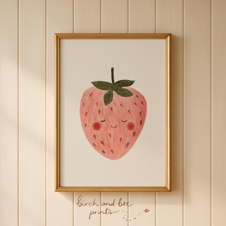 Aardbeikunstafdruk | Fruitkwekerijkunst | Leuke kinderkamerdecoratie | Afdrukbare muurkunst #299 afbeelding 4