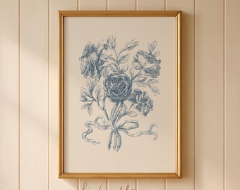 Blue Floral Print | French Country Wall Art | Vintage Flower Sketch | Rose Wall Art | MAILED ART PRINT #288
