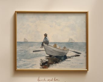 May include: A framed watercolor painting depicting a small white rowboat on calm blue water with three figures inside. The scene includes distant sailboats on the horizon under a soft sky. The text "birch and bee prints" appears below the frame.