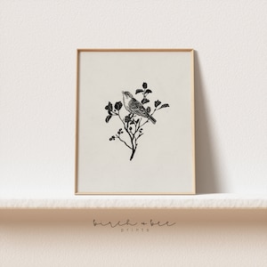 Vintage Bird on Branch Print | Farmhouse Printable Wall Art | Black and White Digital Printable #223