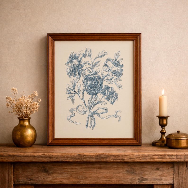 Impresión de flores vintage / Decoración de pared azul / Impresión floral / Arte de ramo de rosas / Descarga digital n.° 288 imagen 2