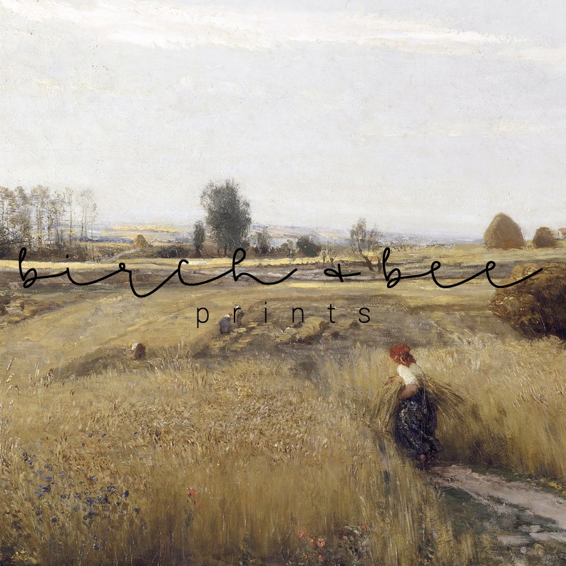 May include: A painting of a field of wheat with a woman harvesting the wheat. The sky is a light blue with white clouds. The field is a golden brown color. The woman is wearing a red dress and a white apron. The painting is titled "birch + bee prints".