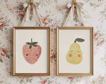 Fruit Nursery Prints Set of 2 | Strawberry Art | Pear Art Print | MAILED ART PRINTS #300