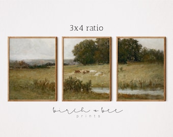 Vintage Landscape Set of 3 | Farmhouse Cow Three Piece Wall Art | Antique Painting #40