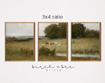 Vintage Landscape Set of 3 | Farmhouse Cow Three Piece Wall Art | Antique Painting #40