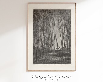 Deer in Woods Art | Vintage Tree Sketch | Forest Nursery Art