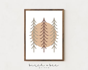 Neutral Toned Sun and Tree Print | Kids Room Forest Art | Nursery Wall Art  | Outdoor Theme Kids Room | Neutral Tones