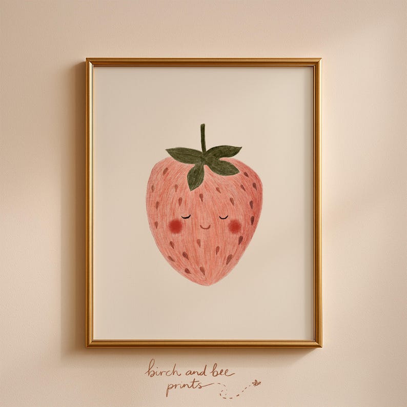Aardbeikunstafdruk | Fruitkwekerijkunst | Leuke kinderkamerdecoratie | Afdrukbare muurkunst #299 afbeelding 1