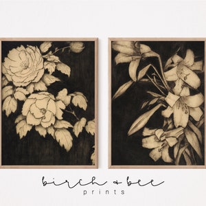 Vintage Moody Floral Print Set of 2 | Antique Botanical Etchings | Peonies and Lilies #110
