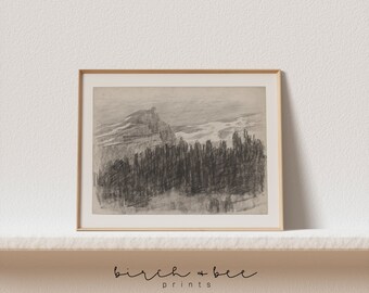 Vintage schets berglandschap: print mistige bomen (digitale download)