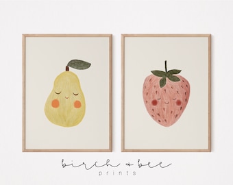 Fruit Nursery Prints Set of 2 | Strawberry Art | Pear Art Print | MAILED ART PRINTS #300