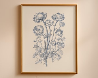 Blue Floral Print | Vintage Flower Sketch | Rose Bouquet Art | Digital Download #281