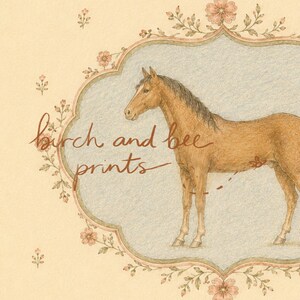 May include: A rectangular print featuring a brown horse illustration centered within a decorative scalloped frame. The background is cream with floral accents. The text 'birch and bee prints' is written in brown cursive script over the horse image.