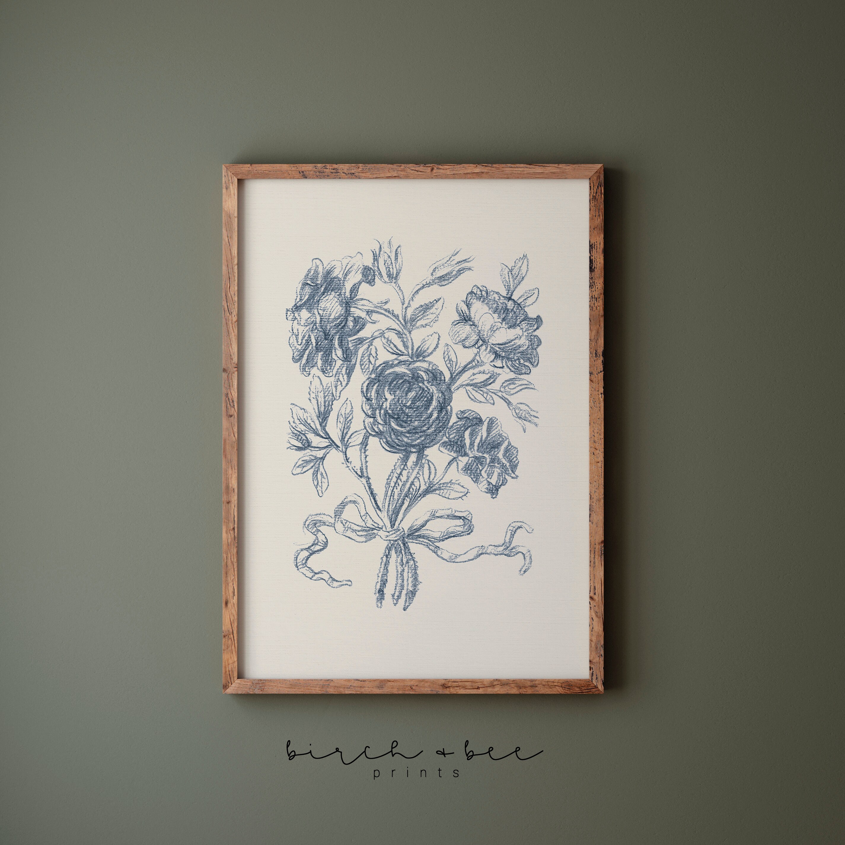 Blue Floral Print | French Country Wall Art | Vintage Flower Sketch ...
