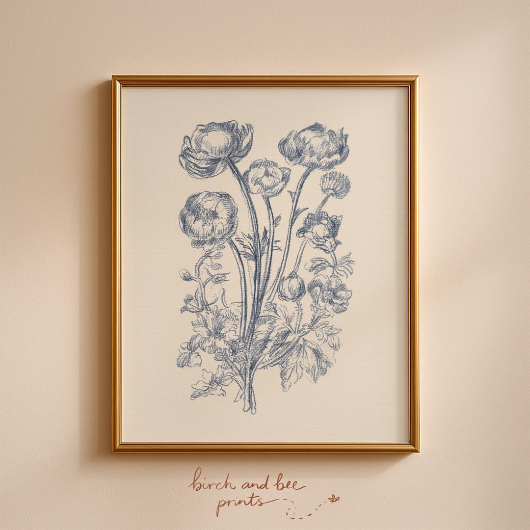 Blue Floral Print | Cottage Decor | Vintage Flower Sketch | Rose Wall ...