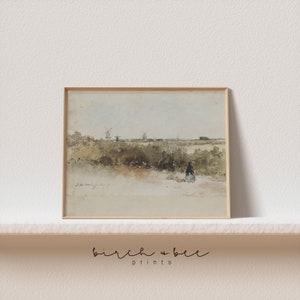 May include: A watercolor painting of a rural landscape with windmills in the distance. A lone figure walks along a path in the foreground. The painting is framed in a light wood frame.