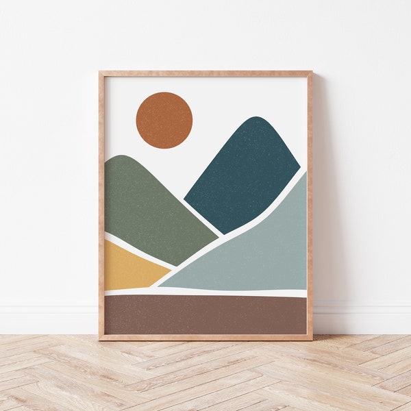 Mountain Scene Print Kids Room | Mountain Themed Nursery | Neutral Mountain Scene | Multicolor Earth-Toned Mountain Print