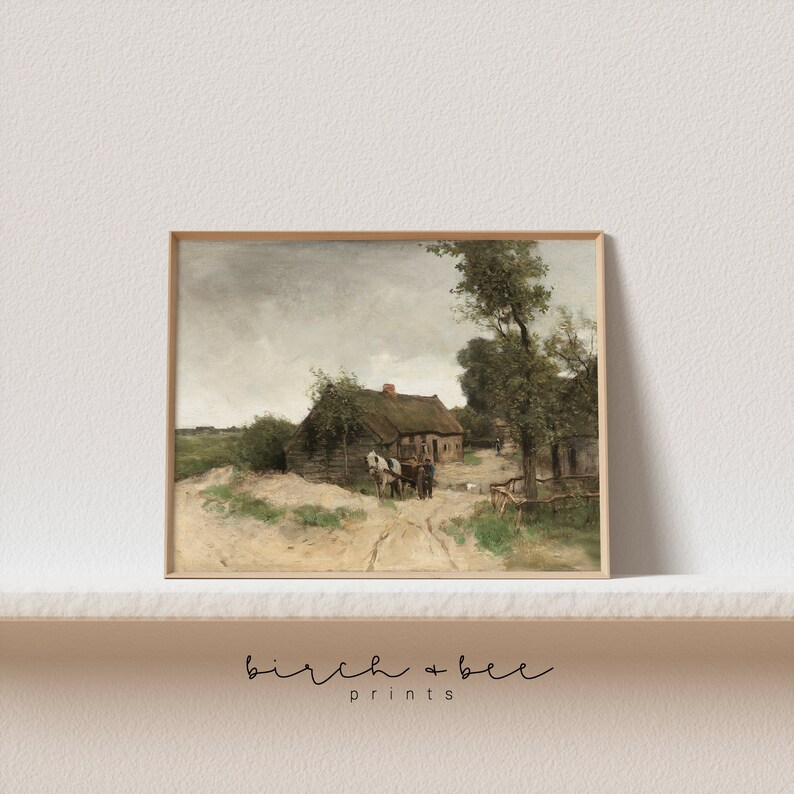 May include: A painting of a rural scene with a small cottage, a horse-drawn cart, and figures in the foreground. The sky is cloudy and the trees are green. The painting is framed in a light wood frame.